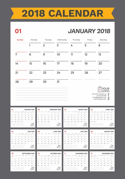 Planificador de calendario de escritorio 2018. Diseño simple de plantilla mínima blanca — Vector de stock