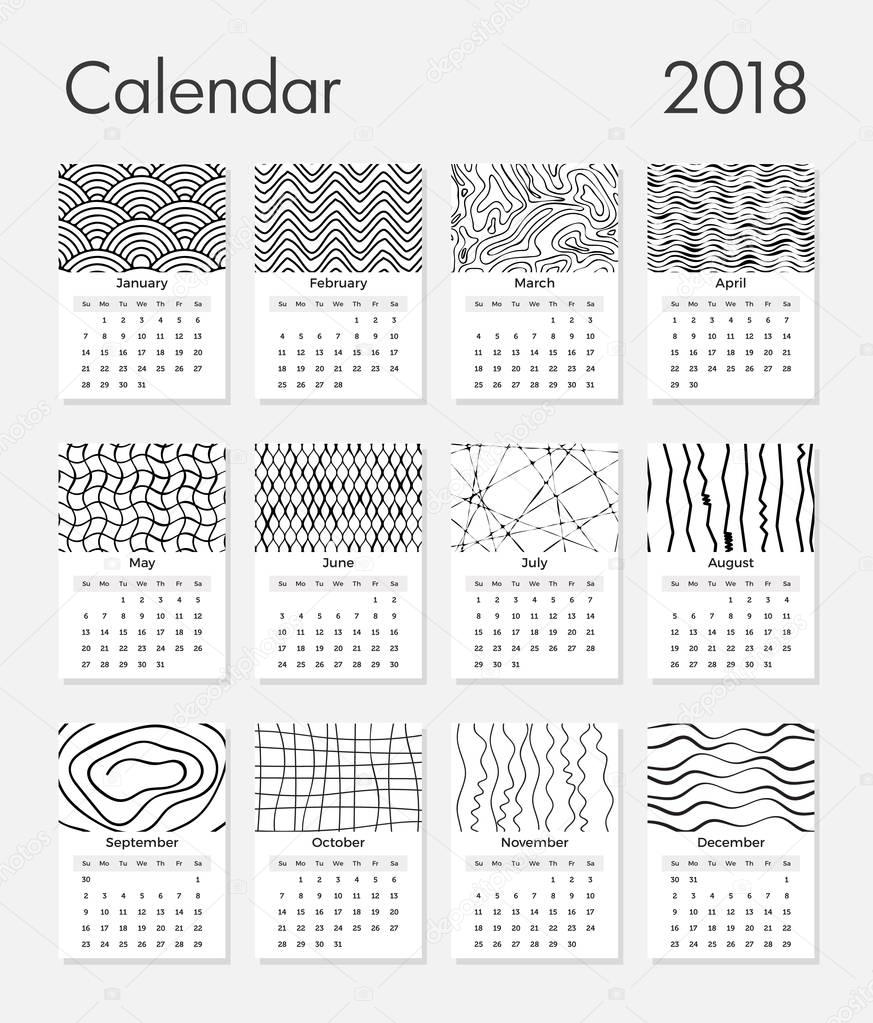Desk Calendar 2018. Simple minimal pattern white elegant desk calendar template in white background