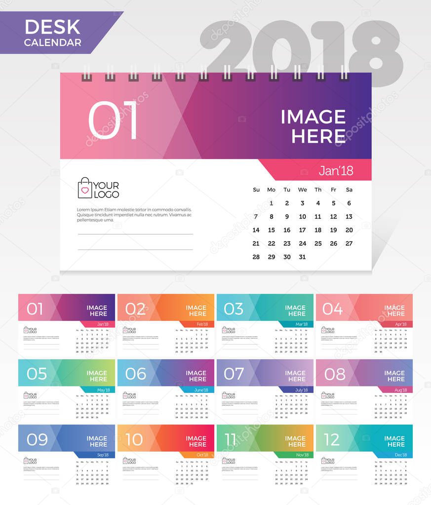 Desk Calendar 2018. Simple Colorful Gradient minimal elegant desk calendar template in white background