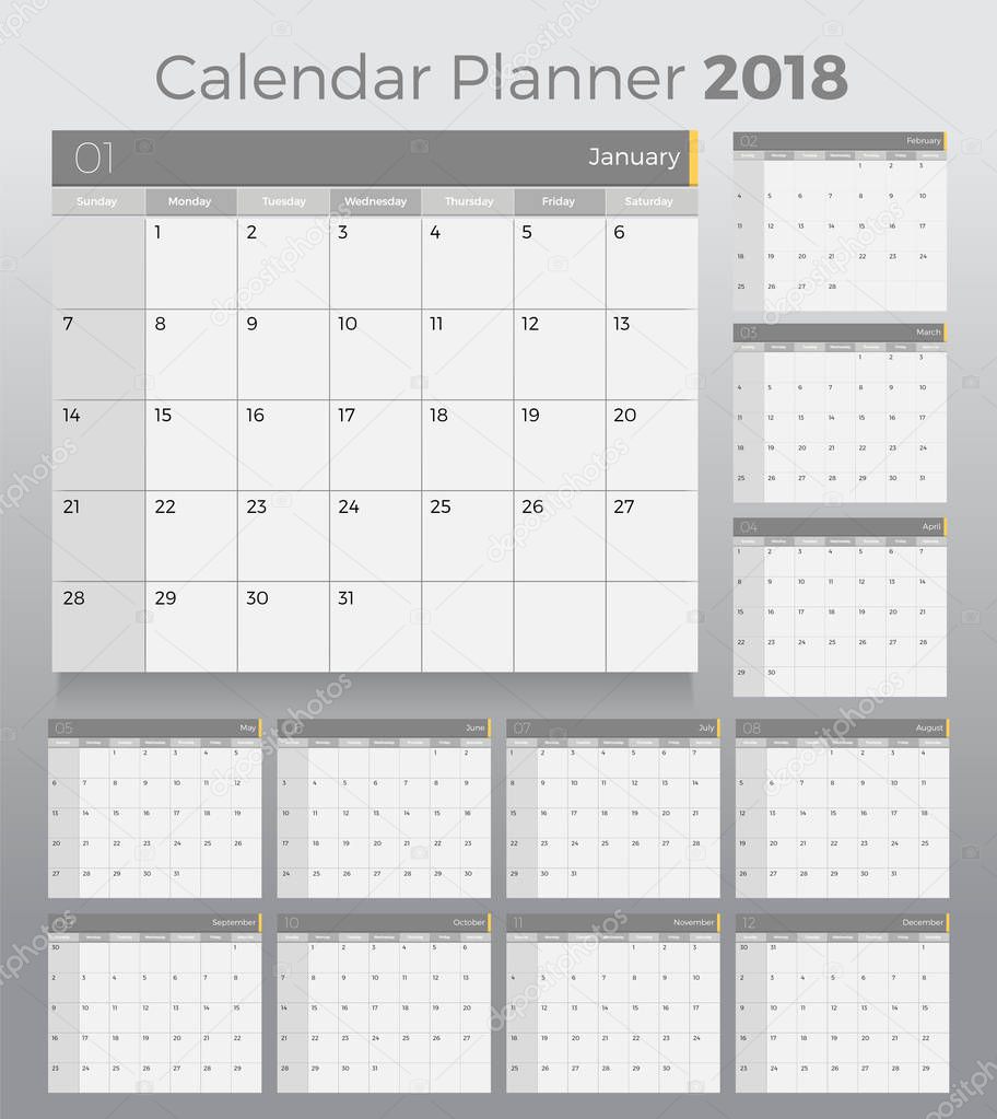 2018 Desk Calendar planner. Simple Minimal White template design