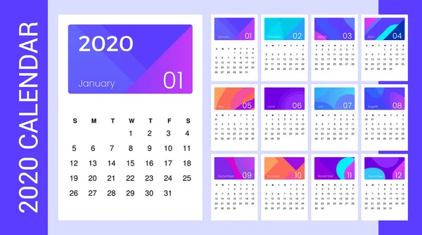 Kalendarz 2020 Minimalny Szablon Gradientu Prosty Kolorowy Minimalny Elegancki Kalendarz Wektory Stockowe bez tantiem