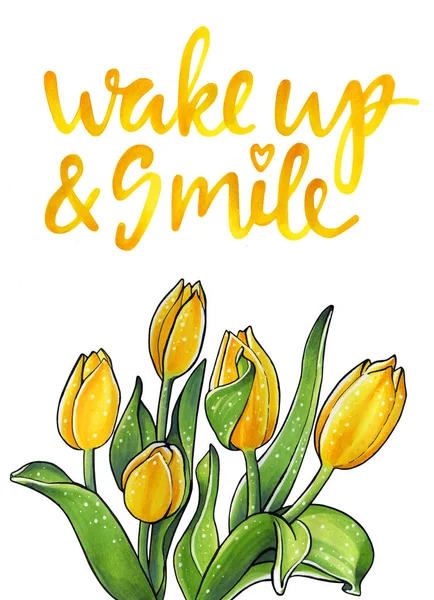 Gele tulpen en inspirerende belettering — Stockfoto