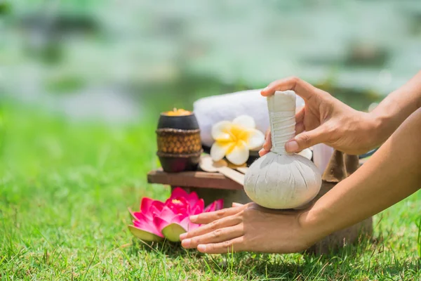 Manos femeninas con bandeja de productos de spa sobre cañas verdes en el río —  Fotos de Stock