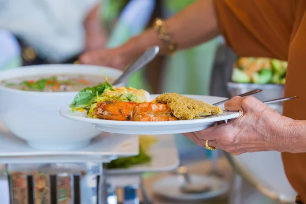 People group catering buffet food indoor in luxury restaurant wi — Stock Photo, Image