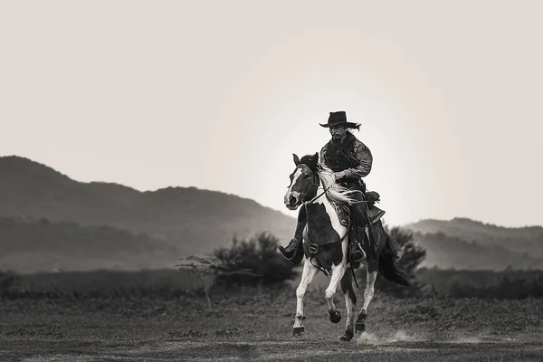 Egy cowboy ruhás férfi a lovával. — Stock Fotó