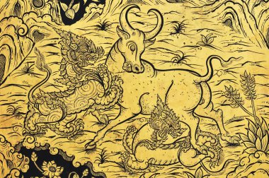 Tapınağın kapısında geleneksel Tayland tarzı sanat resimleri (Buddha tarihi) Tayland 'da genelleme, Budist kilisesinde, tapınak köşkünde, tapınak salonunda, keşişin evinde, vb. Sanatçı kiralamak için insanlar tarafından bağışlanan parayla yaratıldı. T