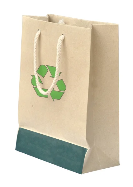 Recyklovat Papírový Sáček Symbolem Recyklace Bílém Pozadí — Stock fotografie