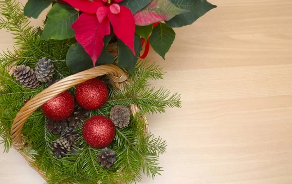 Cesta con adornos y hermosos poinsettia Imágenes de stock libres de derechos