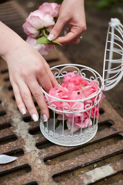 Pembe çiçekler içinde güzel antika kuş kafesi. — Stok fotoğraf