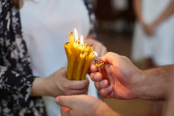 Candles during orthodox christening — Stock Photo, Image