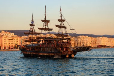 Thessaloniki, Greece - February 13 2020: pirate ship at sea in Thessaloniki