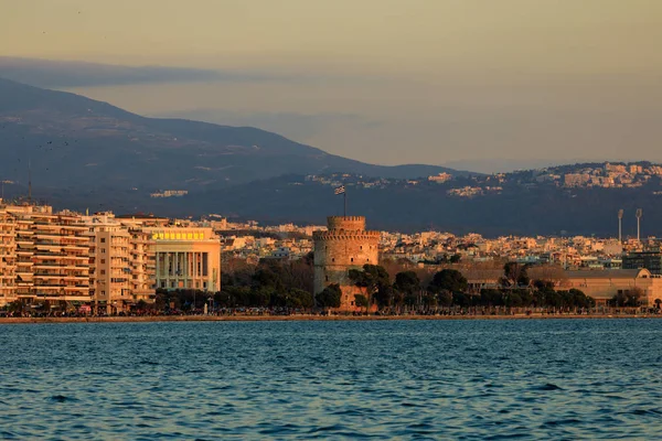 Thessaloniki, Greece - February 13 2020: sunset on the city promenade