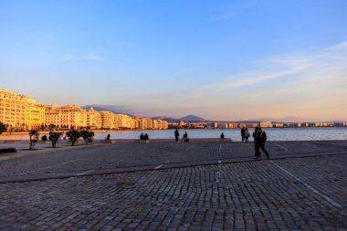 Thessaloniki, Greece - February 13 2020: sunset on the city promenade