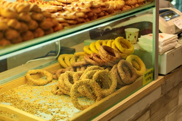 sweet pastries on the counter in the store