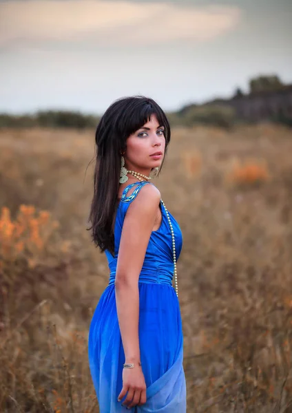 एक इलेक्ट्रिक निळा ड्रेस सह ब्रुनेट — स्टॉक फोटो, इमेज