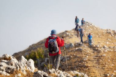 Bir grup yürüyüşçü bir dağın tepesine ulaşır