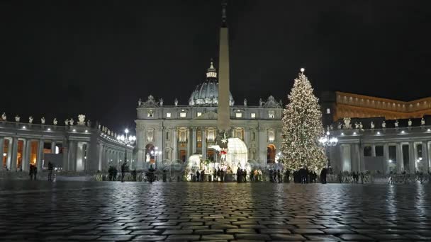 キリスト降誕のシーンとクリスマス ツリーのクリスマスで サンピエトロ広場 ピエトロ広場クリスマス ライト キリスト降誕のシーンとクリスマス ツリー飾られています 時間経過の ピエトロ教会の背景と — ストック動画