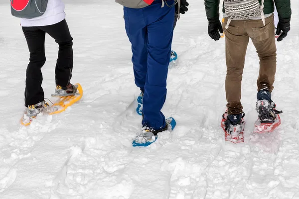 Caminata con raquetas de nieve en el sendero nevado de la montaña. Camina sobre la nieve fresca — Foto de Stock