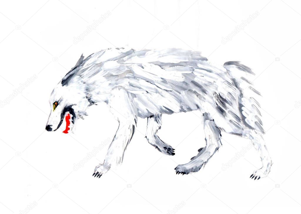Running arctic wolf with yellow eyes