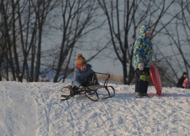 Çocuklar botanik bahçesinde kızak gitmek, Kiev, Ocak 12, 2017.
