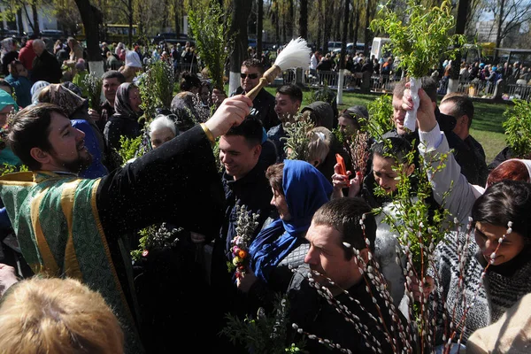 棕榈星期日在基辅 2017年4月9日 东正教基督徒庆祝主进入耶路撒冷 棕榈星期日 在乌克兰 这一天习惯于将椎间的树枝供奉起来 — 图库照片