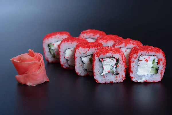 Japanese Rolls Rice Fish Vegetables Ginger Dark Background — Stock Photo, Image