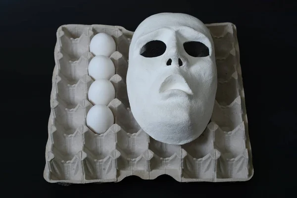 White Theatrical Mask Lies Egg Container Chicken Eggs — Stock Photo, Image