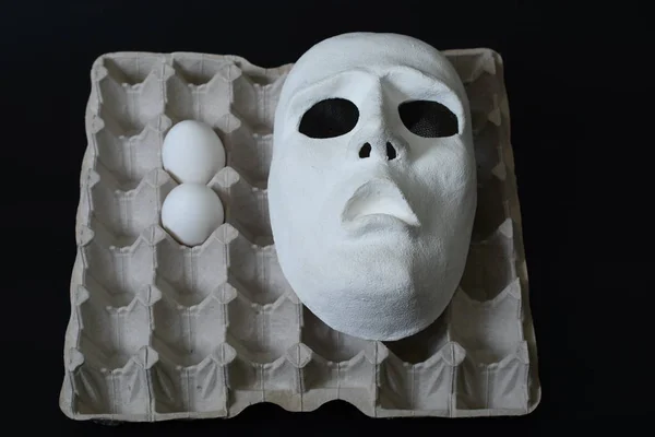 White Theatrical Mask Lies Egg Container Chicken Eggs — Stock Photo, Image