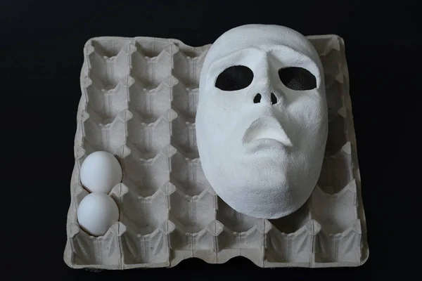 White Theatrical Mask Lies Egg Container Chicken Eggs — Stock Photo, Image