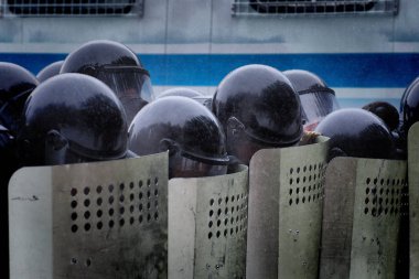 Barnaul, Russia-January 15, 2020. National guard soldiers train to suppress riots clipart