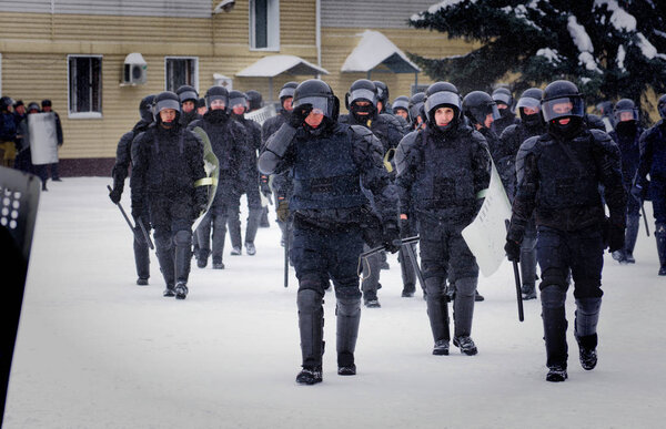 Barnaul, Russia-January 15, 2020. National guard soldiers train to suppress riots