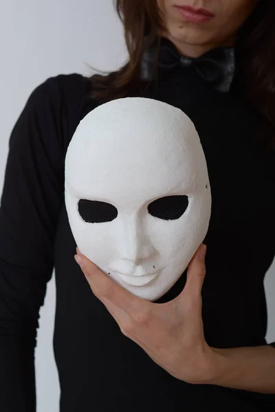 Girl Actress Holds White Theatrical Mask Her Hands — Stock Photo, Image