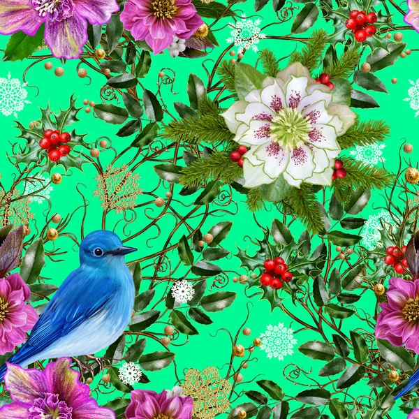 Helder blauwe vogel, weven van takjes, dennennaalden, arborvitae, — Stockfoto