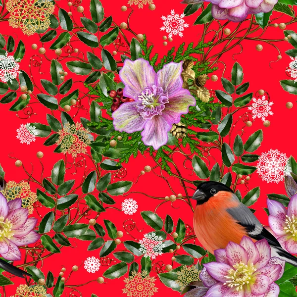 Patroon, naadloze. Lichte vogel Goudvink, weven van takjes, dennennaalden, arborvitae, bloem Nieskruid, gouden sneeuwvlokken, ornamenten, Kerstmis achtergrond. — Stockfoto