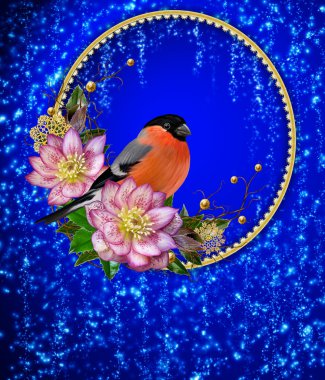 Noel tebrik kartı. Garland parlak kuş şakrak kuşu, dokuma twigs, altın kar tanesi, süs eşyaları, pembe çiçekler Karaca ot. Koyu mavi arka planı ve parlak nokta.