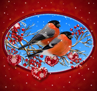 Noel tebrik kartı. İki parlak kuş şakrak kuşu kuş oturan bir şube, kar, bir kalp, kırmızı çilek şeklinde süslemeleri.