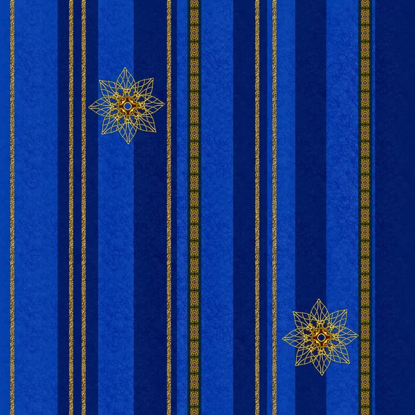 Vertical border. Pattern, seamless. Golden crystals, weaving, arabesques. Dark blue background with stripes. — Stock Photo, Image