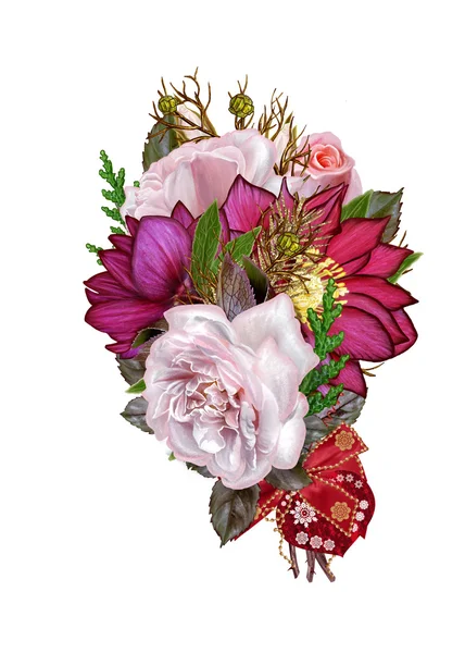 Christmas bouquet. Flowers of pink rose, red hellebore, green leaves, gold decoration, decoration in the shape of a heart. Isolated on white background. — Stockfoto