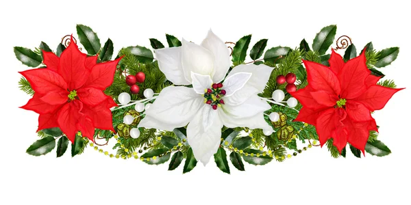 Christmas garland. Red, white poinsettia, berries, ornaments, glitter, green leaves, branches of spruce. Isolated on white background. New Year. — Stockfoto