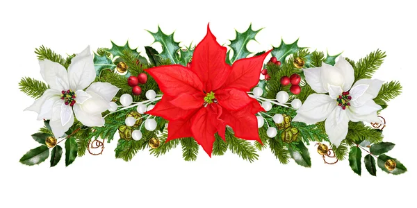 Christmas garland. Red, white poinsettia, berries, ornaments, glitter, green leaves, branches of spruce. Isolated on white background. New Year. — Stock fotografie