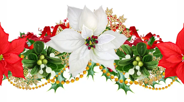 Christmas garland of red and white poinsettia, green leaf decoration. Horizontal floral border. Pattern, seamless, Christmas background. — Stockfoto