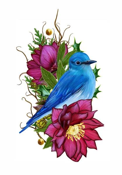 Kék madár, szövés ágak rózsaszín virág Hunyor, arany hópelyhek, színes bogyók, karácsonyi Rózsa, karácsonyi kártya. Téli háttér. Elszigetelt. — Stock Fotó