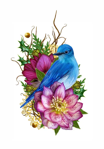 Синій птах, ткацтво гілки рожева квітка червоніючий, золото сніжинки, барвисті ягоди, Різдво Підннялося, Різдвяна листівка. Взимку фону. Ізольовані. — стокове фото