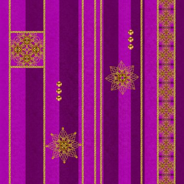 Dikey kenarlık. Desen, sorunsuz. Parlak koyu kırmızı arka plan dikey şeritler, altın takılar, Arabesk, soyut, parlak saçak çelenk.