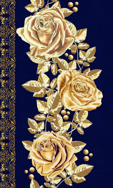 Vertical floral border. Pattern, seamless. Golden shiny bright garland of sparkling roses. Golden crystals, weaving, arabesques. — Stock Photo, Image