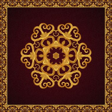 Altın Arabesk, oryantal tarzda, soyut resim, karo, Mozaik. Parlak dekoratif kare çerçeve. Koyu kahverengi zemin.