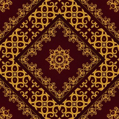 Desen, sorunsuz. Altın kristalleri, dokuma, Arabesk. Altın Arabesk, oryantal tarzda, soyut resim, karo, Mozaik. Parlak dekoratif kare çerçeve. Koyu kahverengi zemin.