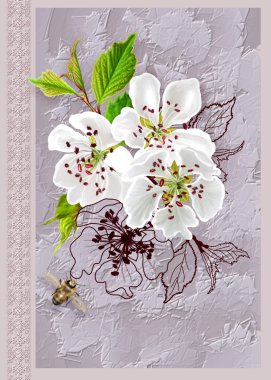 Çiçek arka plan, tebrik kartı. Bahar bloom, beyaz armut çiçeği, yeşil yapraklar, kroki, arı unsurları.