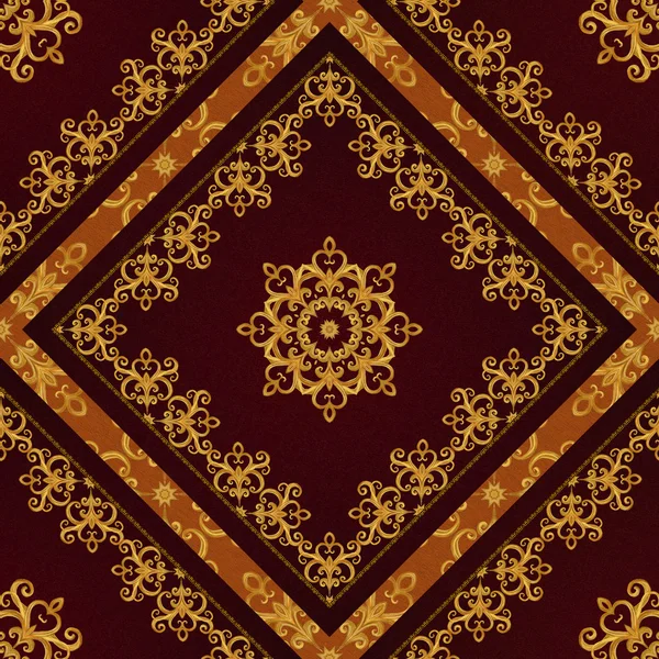 Pattern, seamless. Golden crystals, weaving, arabesques. Gold arabesque, oriental style, abstract figure, tiles, mosaics. Sparkling decorative square frame. Dark brown background