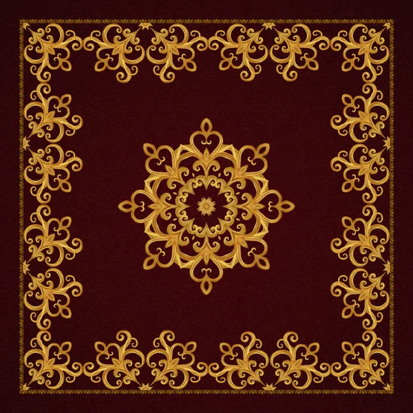 Gold arabesque, oriental style, abstract figure, tiles, mosaics. Sparkling decorative square frame. Dark brown background.